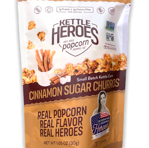 Tall narrow bag in light brown and white with image of popcorn and cinnamon