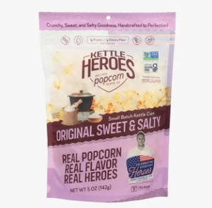 tall bag in white and light purple with image of kettle popcorn