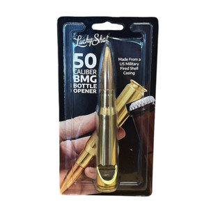 Clear packaging showing a brass bullet shaped bottle opener on a black background and white lettering 