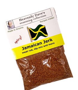 Plastic food bag containing red colored seasoning topped with printed cardboard imprinted with Jamaican flag graphic.
