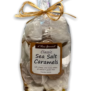 Clear cello bag containing individually wrapped caramels with square front label