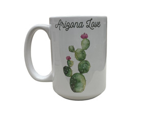 Mug with "Arizona Love" and a watercolor painted prickly pear cactus.