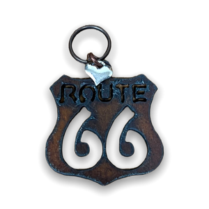 Rustic iron "Route 66" road sign keychain