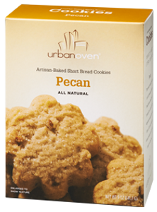 Cream and orange box containing cookies.