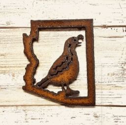 Rustic iron magnet, outline of Arizona with cut-out of quail in center of state