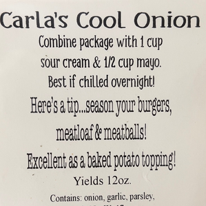 White rectangular card with black lettering showing the flavor of the dip with instructions for mixing