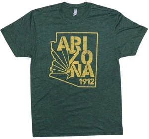 emerald green tee shirt with design on the chest; a gold design with outline of Arizona, inside is "ARIZONA" in stacked letters and "1912" in smaller print