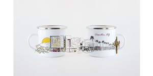 White enamel mug with image of Downtown Chandler, Arizona.