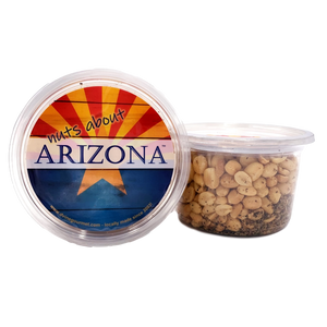 Plastic round container with Arizona flag label containing peanuts.