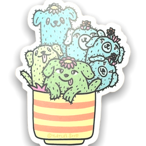 A striped pot with dogs coming out of the top. Each dog is a shade of green and has pricks to look like a cactus