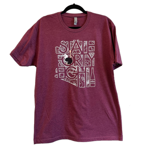 Wine colored t-shirt with outline of Arizona and State Forty Eight in white with images of wine bottle and the iconic Chandler ostrich. Wine colored t-shirt with outline of Arizona and State Forty Eight in white with images of wine bottle and the iconic Chandler ostrich.