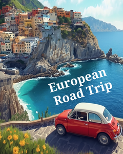 Picture of European coastline with small red car
