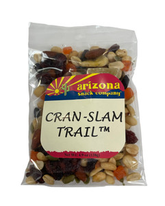 Clear cello bag containing mixed dried fruit and nuts with a square front label