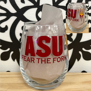 Clear stemless wine glass with the Arizona State University Logo (ASU) and logo pitchfork above the phrase "Fear the fork"