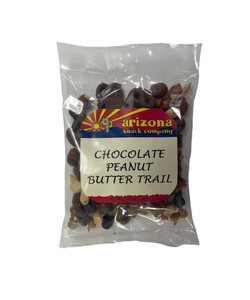 Clear plastic bag with trail mix and a white, red, yellow, and blue label.