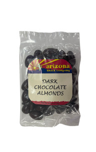 Clear plastic bag containing dark chocolate covered almonds with a white, blue, red and yellow label.