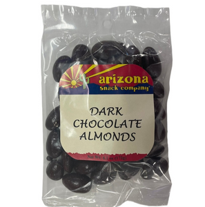 Clear plastic bag containing dark chocolate covered almonds with a white, blue, red and yellow label.