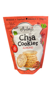 Red and white bag with a picture of almond chia cookies. Red and white bag with a picture of almond chia cookies.