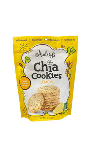 Yellow and white bag with a picture of Lemon Chia Cookies. Yellow and white bag with a picture of Lemon Chia Cookies.
