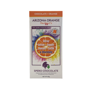 Orange and white rectangular box with a picture of an orange slice in front of a splash of colors.