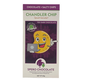 White and purple rectangular box with a picture of a chip with a face holding a computer.