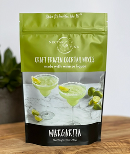 A lime green and black package with a photo of two margaritas