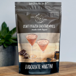 Black resealable food pouch with white lettering and picture of two martini glasses