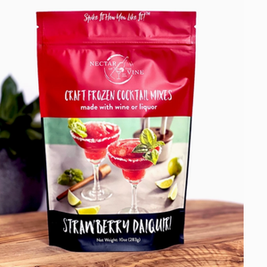 Red and black resealable food pouch with picture of two daiquiri glasses