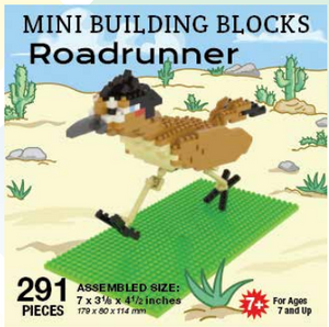 Light blue and tan square box with drawing of roadrunner in a desert