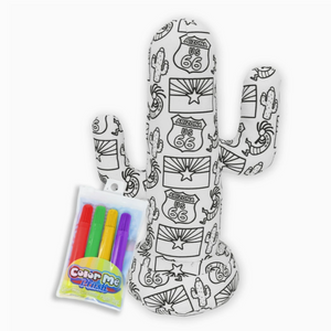 White plush saguaro cactus with black outlined Arizona flags, Route 66 signs and cacti with package of four coloring markers