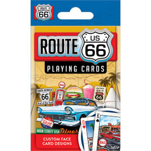 Rectangular box in yellow, blue, and red with historic cars and the Route 66 sign