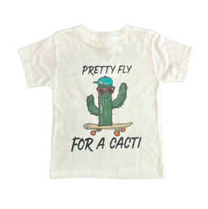 back of t-shirt, says "pretty fly for a cacti" with a large decal of a saguaro wearing a blue hat and red sunglasses riding a skateboard back of t-shirt, says "pretty fly for a cacti" with a large decal of a saguaro wearing a blue hat and red sunglasses riding a skateboard