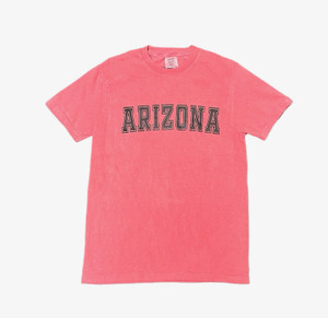 a red tee shirt with black block letters reading "Arizona" in a slight arch across the chest a red tee shirt with black block letters reading "Arizona" in a slight arch across the chest