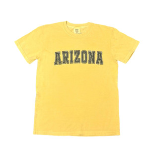 a yellow tee shirt with black block letters reading "Arizona" in a slight arch across the chest