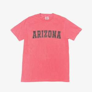 a red tee shirt with black block letters reading "Arizona" in a slight arch across the chest