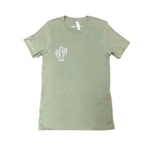 An olive green tee shirt with a white silhouette of a cactus on the left side of the chest An olive green tee shirt with a white silhouette of a cactus on the left side of the chest