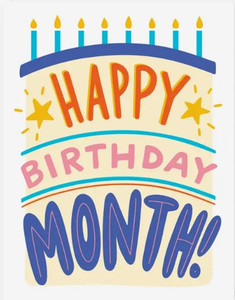 A white card with a layered cake, with each layer reading a different word, "Happy" "Birthday" "Month!" and on the top is eight light blue candles