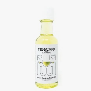 Clear plastic wine bottle shaped bottle with light yellow liquid contents and white label