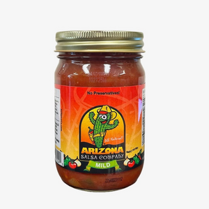 Clear glass jar with gold top showing contents of red salsa with orange and red label with a cartoon cactus