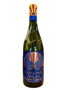 Light green glass wine bottle with front label in blue, copper and red with hints of the Arizona flag.