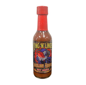 thin glass bottle with red liquid (hot sauce) inside and a yellow top. the label reads "Sting N Linger" in yellow font with a picture of a grim reaper holding a red pepper