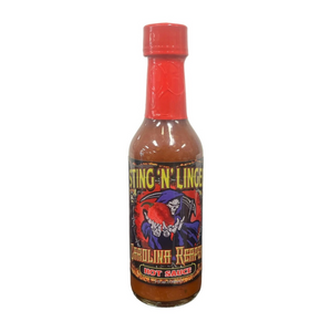 thin glass bottle with red liquid (hot sauce) inside and a yellow top. the label reads "Sting N Linger" in yellow font with a picture of a grim reaper holding a red pepper
