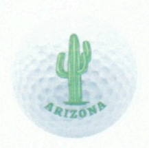 golf ball with green saguaro cactus and "Arizona" in green block letters