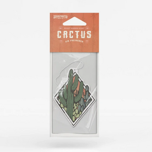 Diamond shaped air freshener with variety of green cacti in clear packaging with light brown top