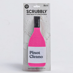 Pink and white wine bottle shaped sponge on a white cardboard display.