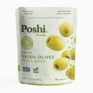 Off-white and green food pouch with image of olives