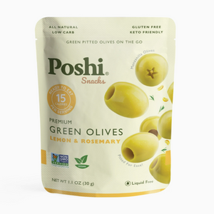 Light yellow and white food pouch with image of olives