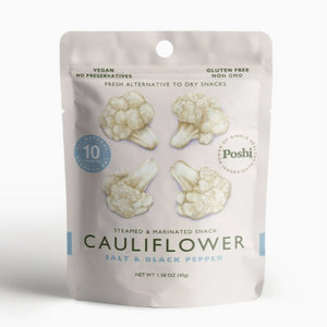 White food pouch with black lettering and images of cauliflower bites