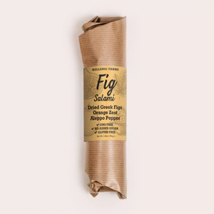 Oblong brown butcher paper packaging with a light orange label and black lettering