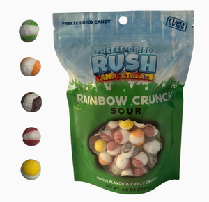 Plastic food pouch in green and blue with round clear window showing candy contents
